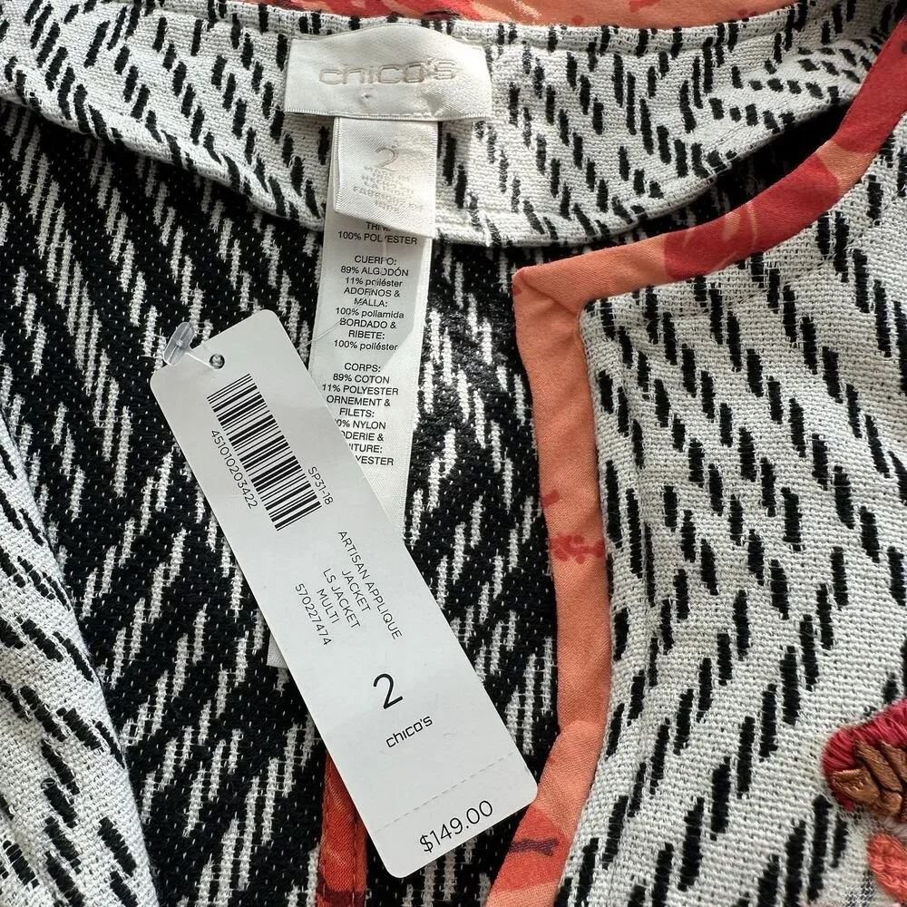 NWT Chico’s Artisan Applique Floral Embroidered 3/4-Sleeves Open Front Jacket 2